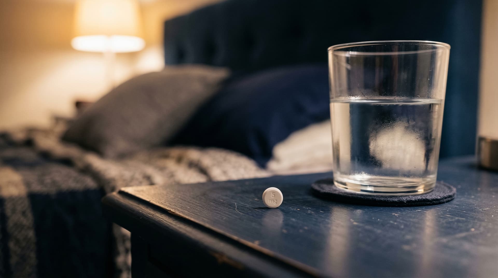Melatonine 5 mg tablet op een nachtkastje
