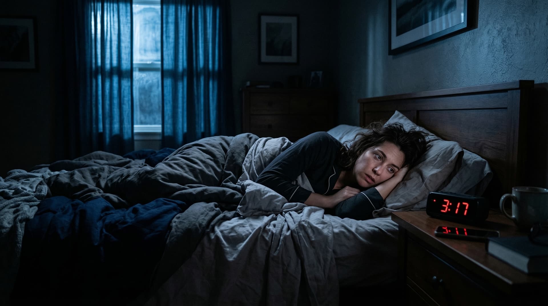 Persoon die wakker ligt in bed en naar de wekker kijkt