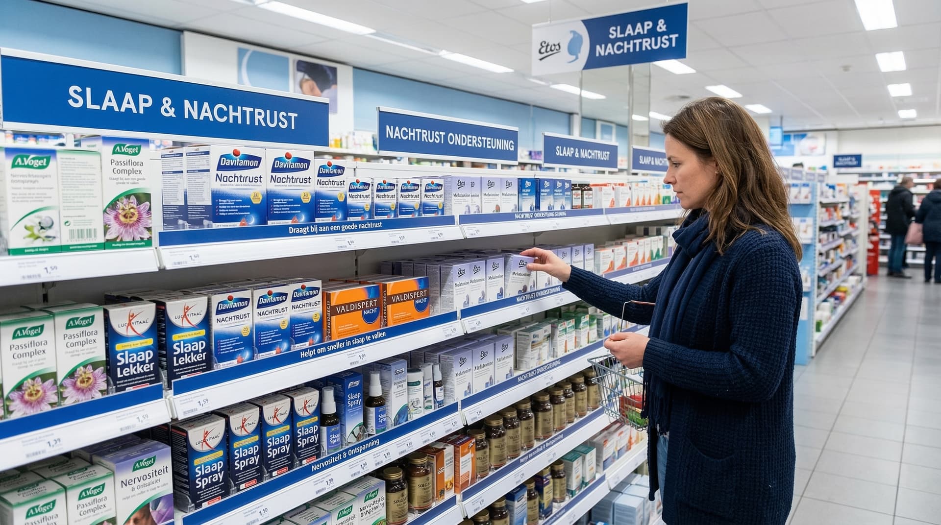 Drogisterij gangpad met slaapsupplementen