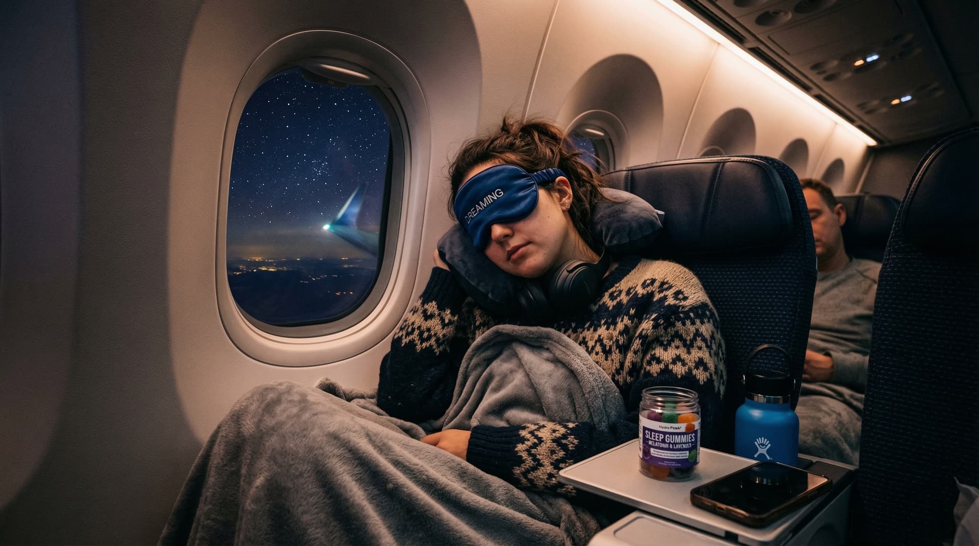 Reiziger die slaapt in een vliegtuigstoel met oogmasker