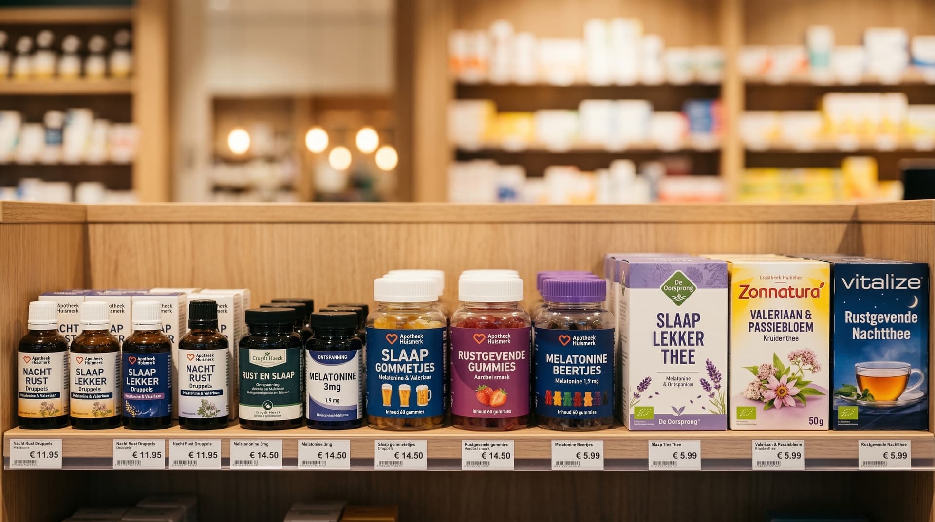 Verschillende slaapsupplementen op een apotheekplank